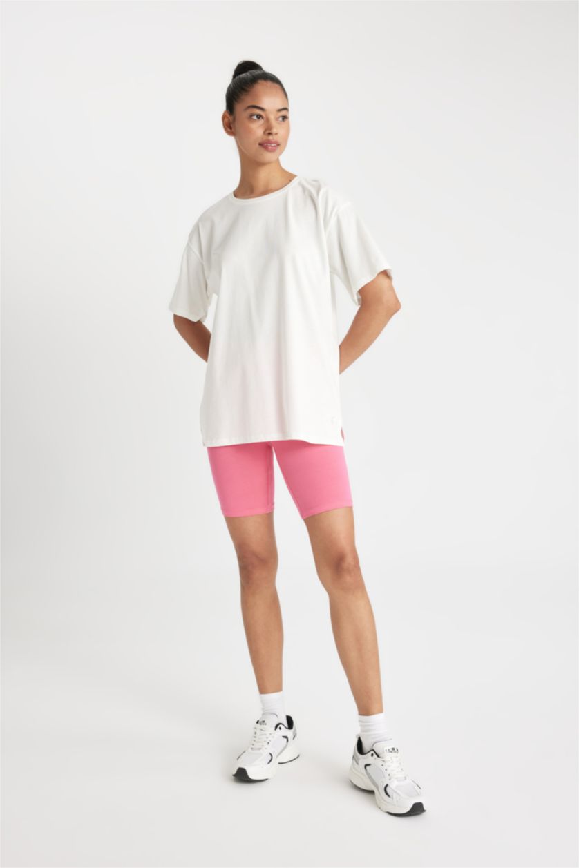 Kadın Ekru Oversize Bisiklet Yaka Baskılı Sporcu Basic Düz Kısa Kollu Tişört