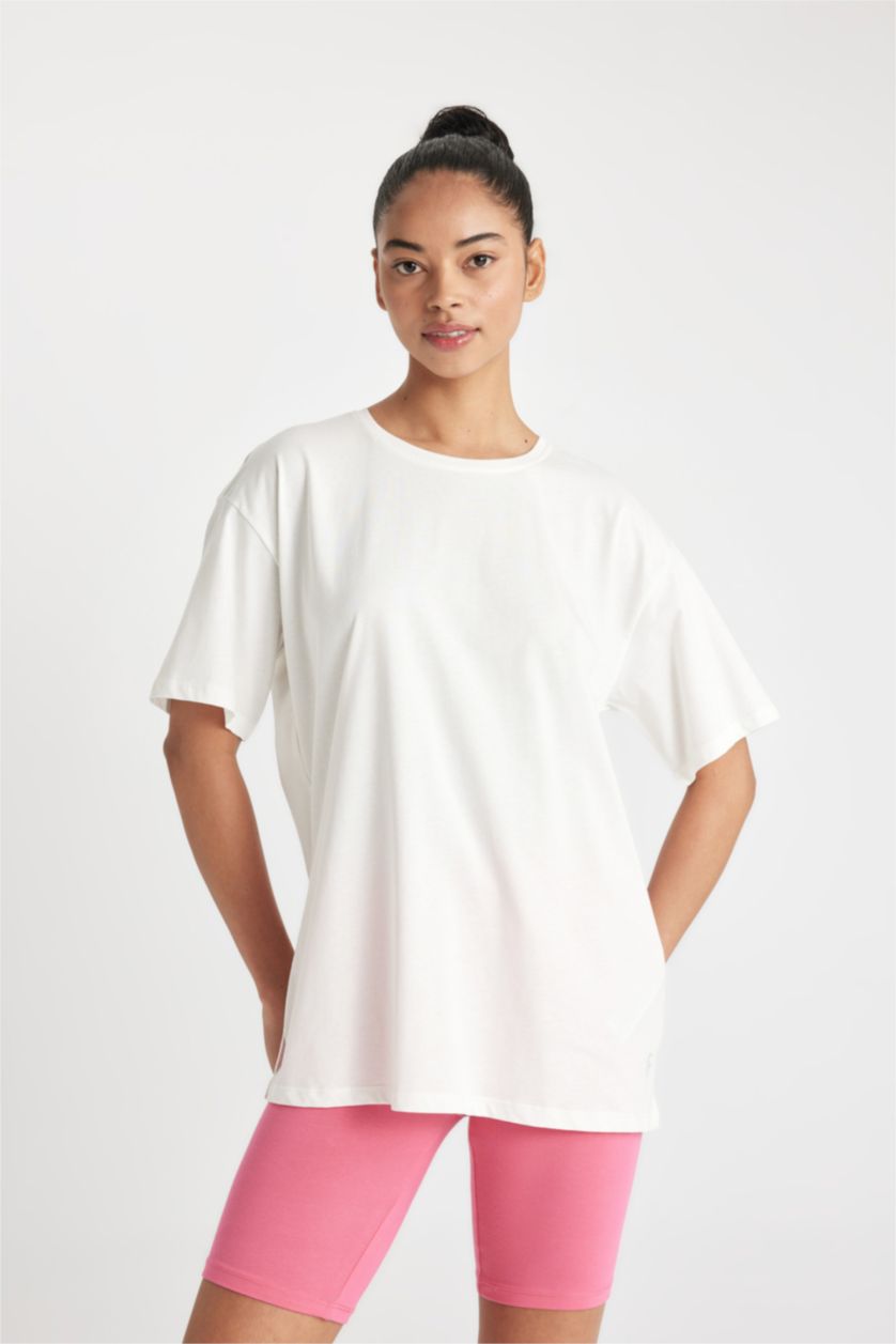 Kadın Ekru Oversize Bisiklet Yaka Baskılı Sporcu Basic Düz Kısa Kollu Tişört