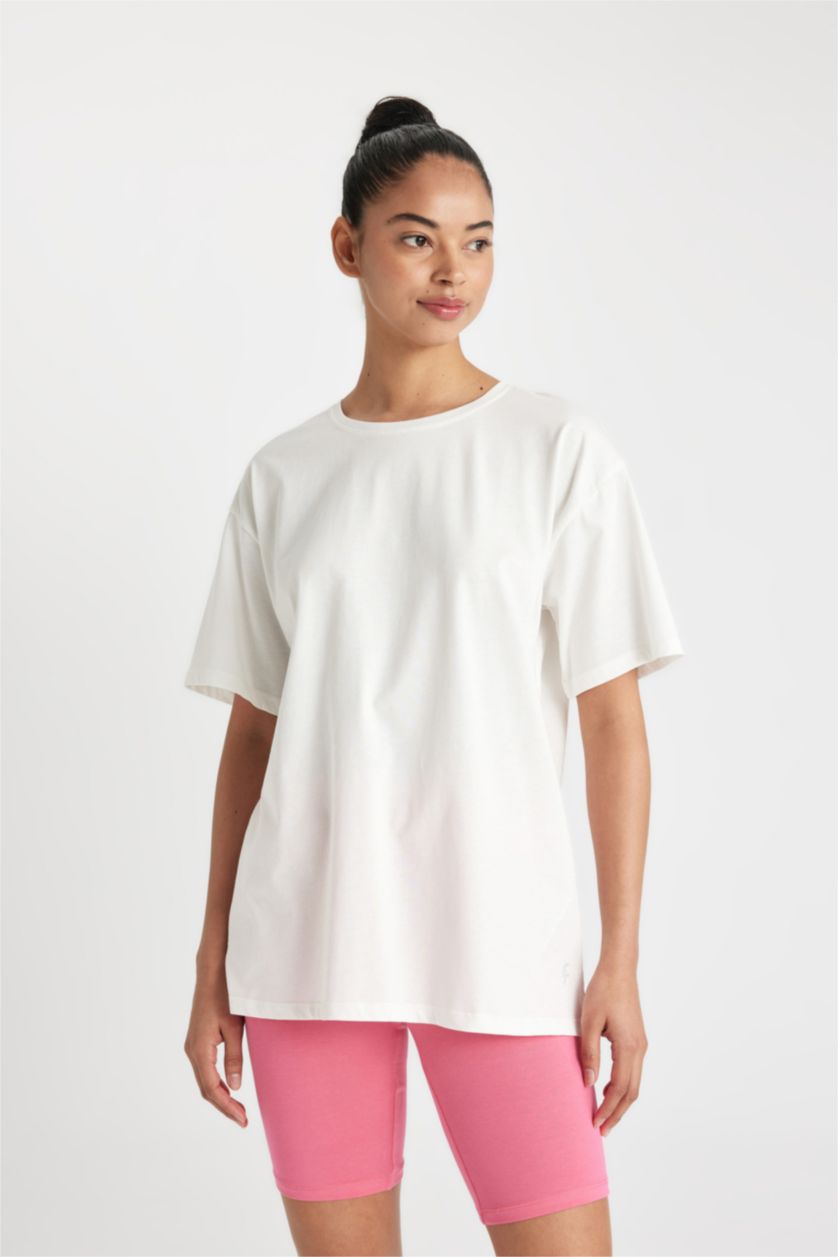 Kadın Ekru Oversize Bisiklet Yaka Baskılı Sporcu Basic Düz Kısa Kollu Tişört