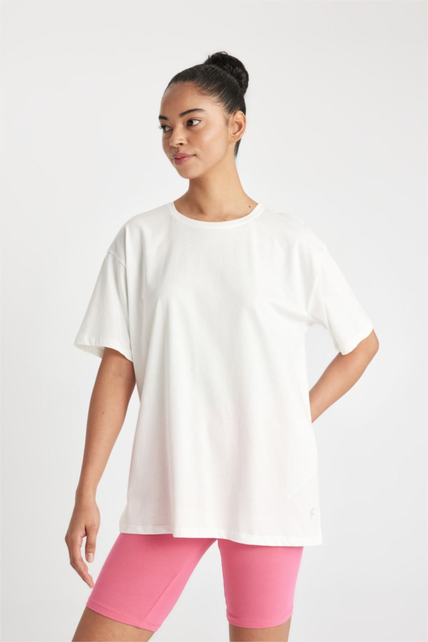 Kadın Ekru Oversize Bisiklet Yaka Baskılı Sporcu Basic Düz Kısa Kollu Tişört