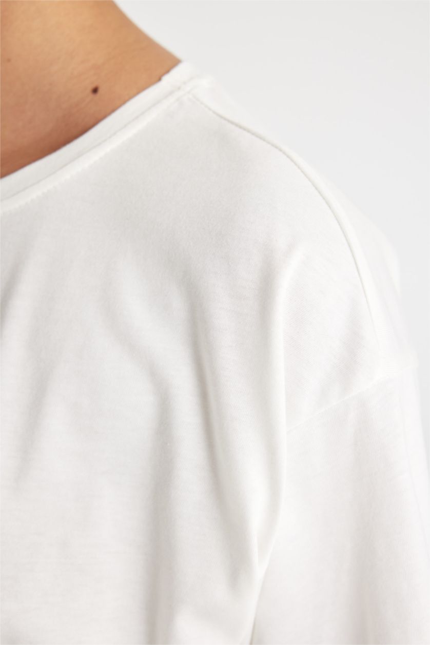 Kadın Ekru Oversize Bisiklet Yaka Baskılı Sporcu Basic Düz Kısa Kollu Tişört