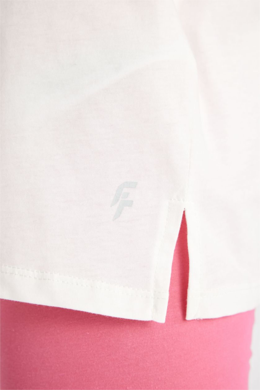 Kadın Ekru Oversize Bisiklet Yaka Baskılı Sporcu Basic Düz Kısa Kollu Tişört