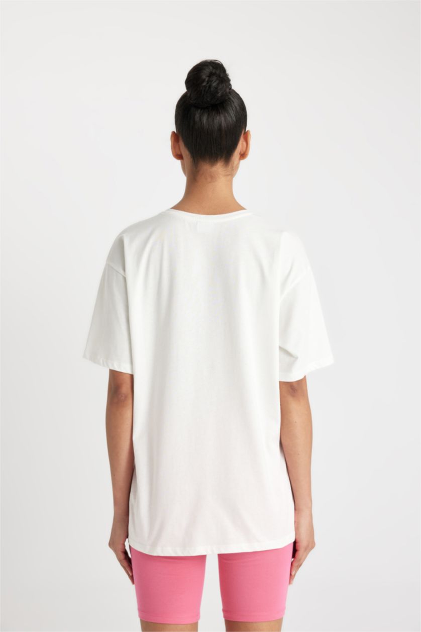 Kadın Ekru Oversize Bisiklet Yaka Baskılı Sporcu Basic Düz Kısa Kollu Tişört