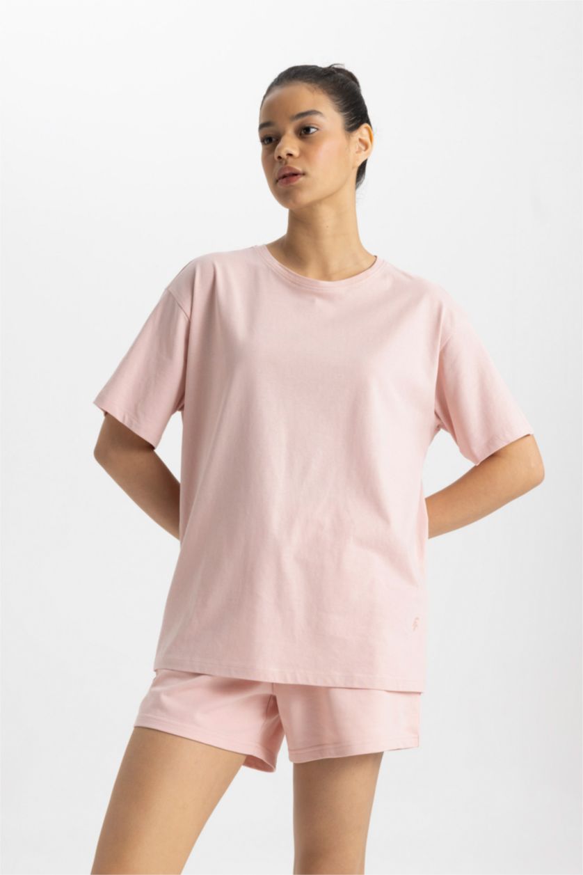 Kadın Pembe DeFactoFit Oversize Bisiklet Yaka Baskılı Sporcu Kısa Kollu Tişört