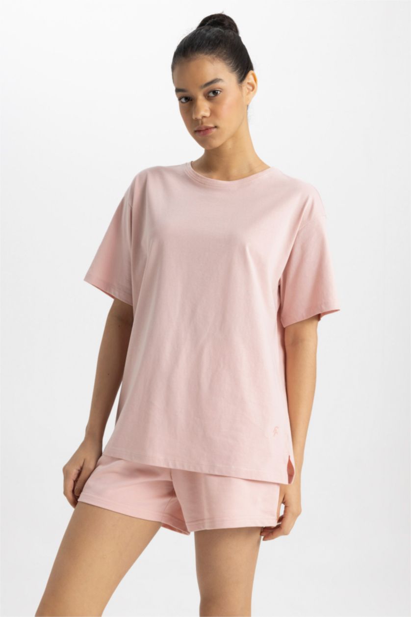 Kadın Pembe DeFactoFit Oversize Bisiklet Yaka Baskılı Sporcu Kısa Kollu Tişört