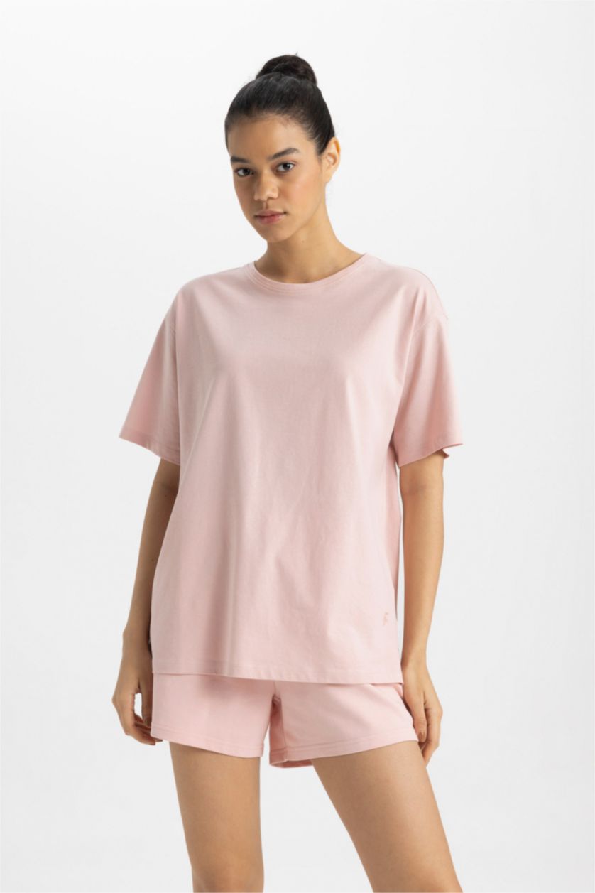 Kadın Pembe DeFactoFit Oversize Bisiklet Yaka Baskılı Sporcu Kısa Kollu Tişört
