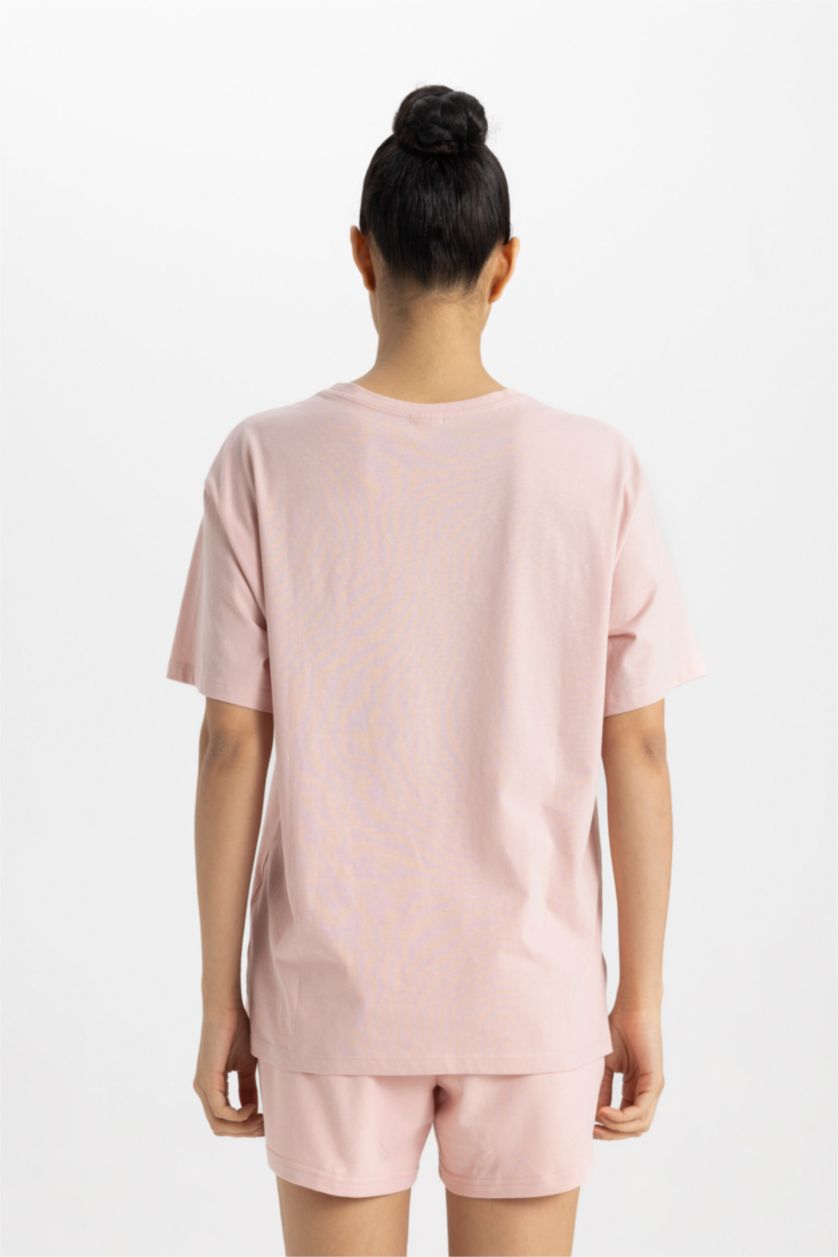 Kadın Pembe DeFactoFit Oversize Bisiklet Yaka Baskılı Sporcu Kısa Kollu Tişört