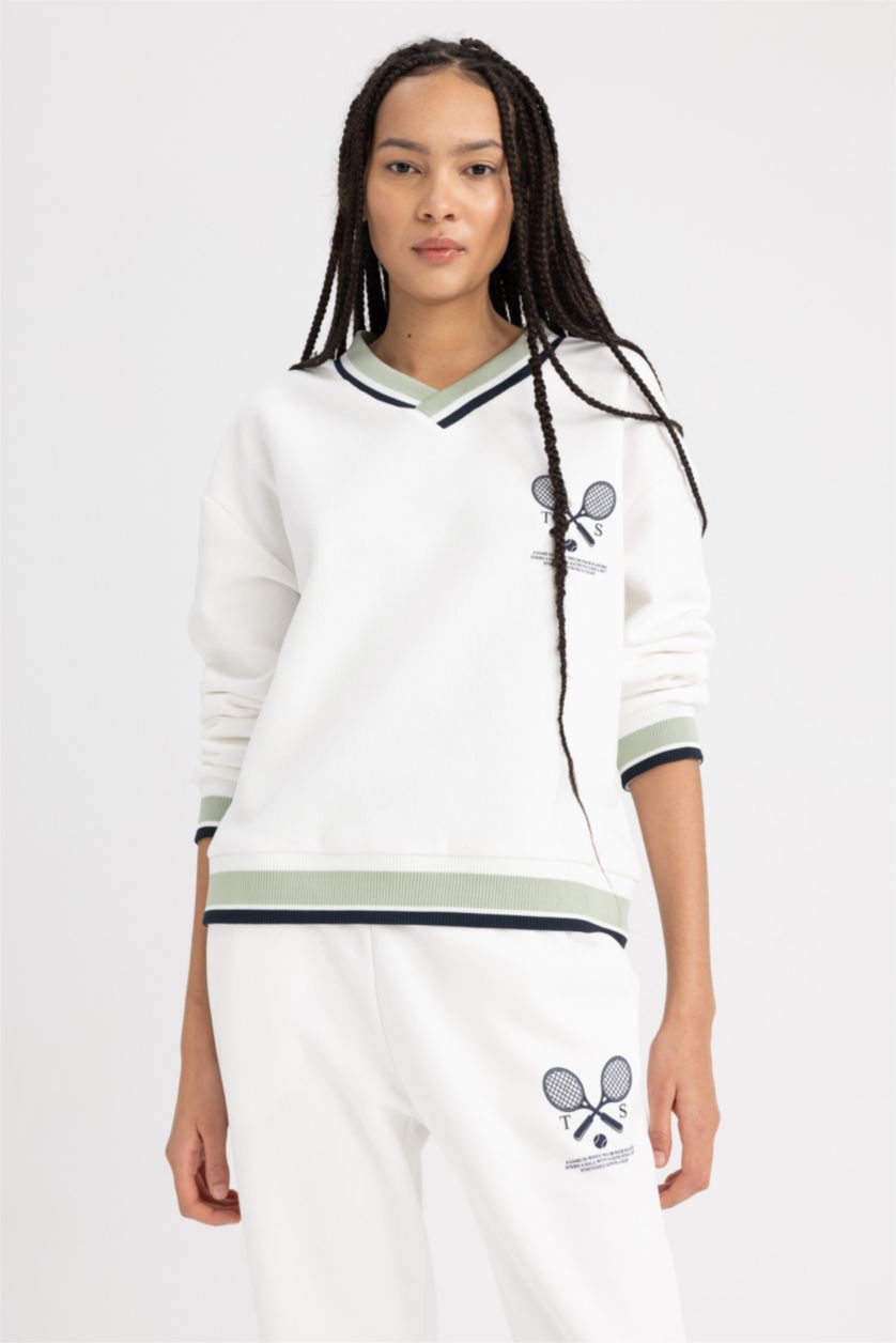 WOMAN Ecru Defacto Fit Oversize Fit V Neck Sweatshirt