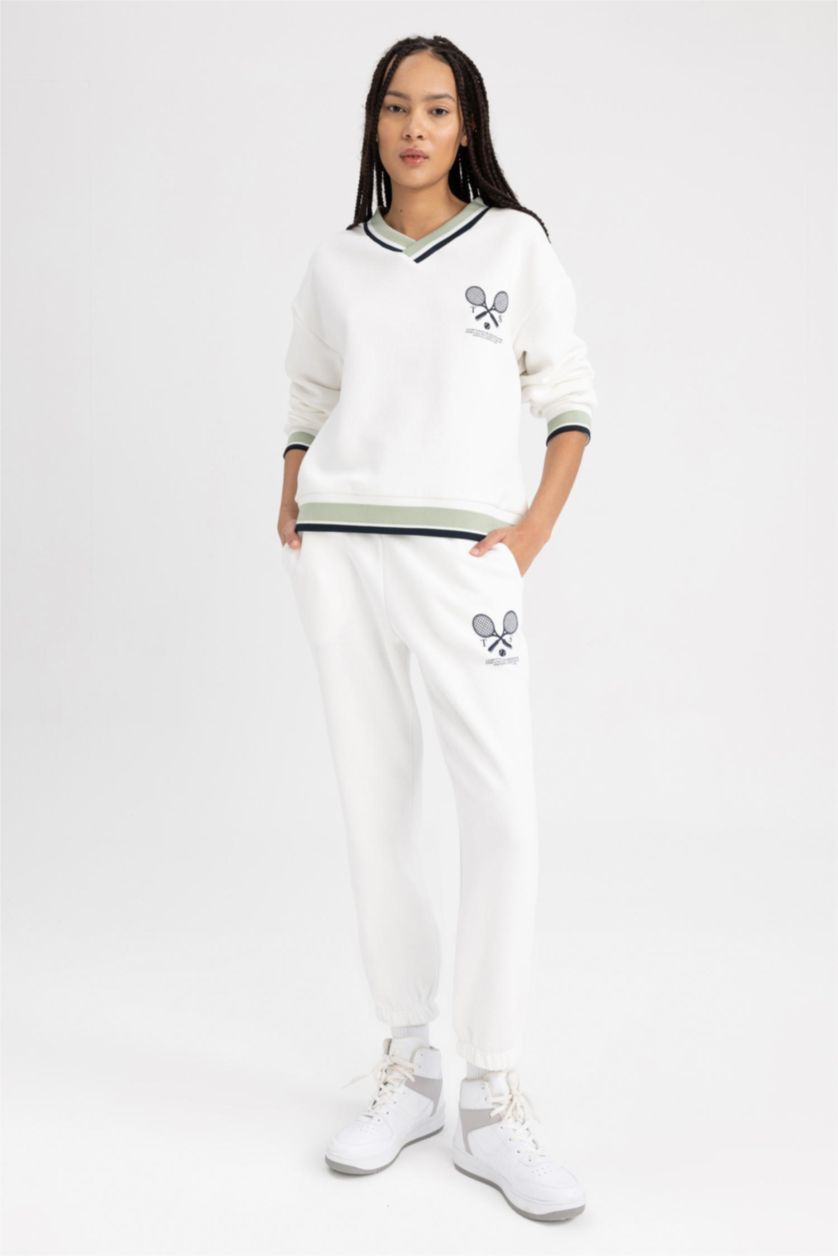 WOMAN Ecru Defacto Fit Oversize Fit V Neck Sweatshirt