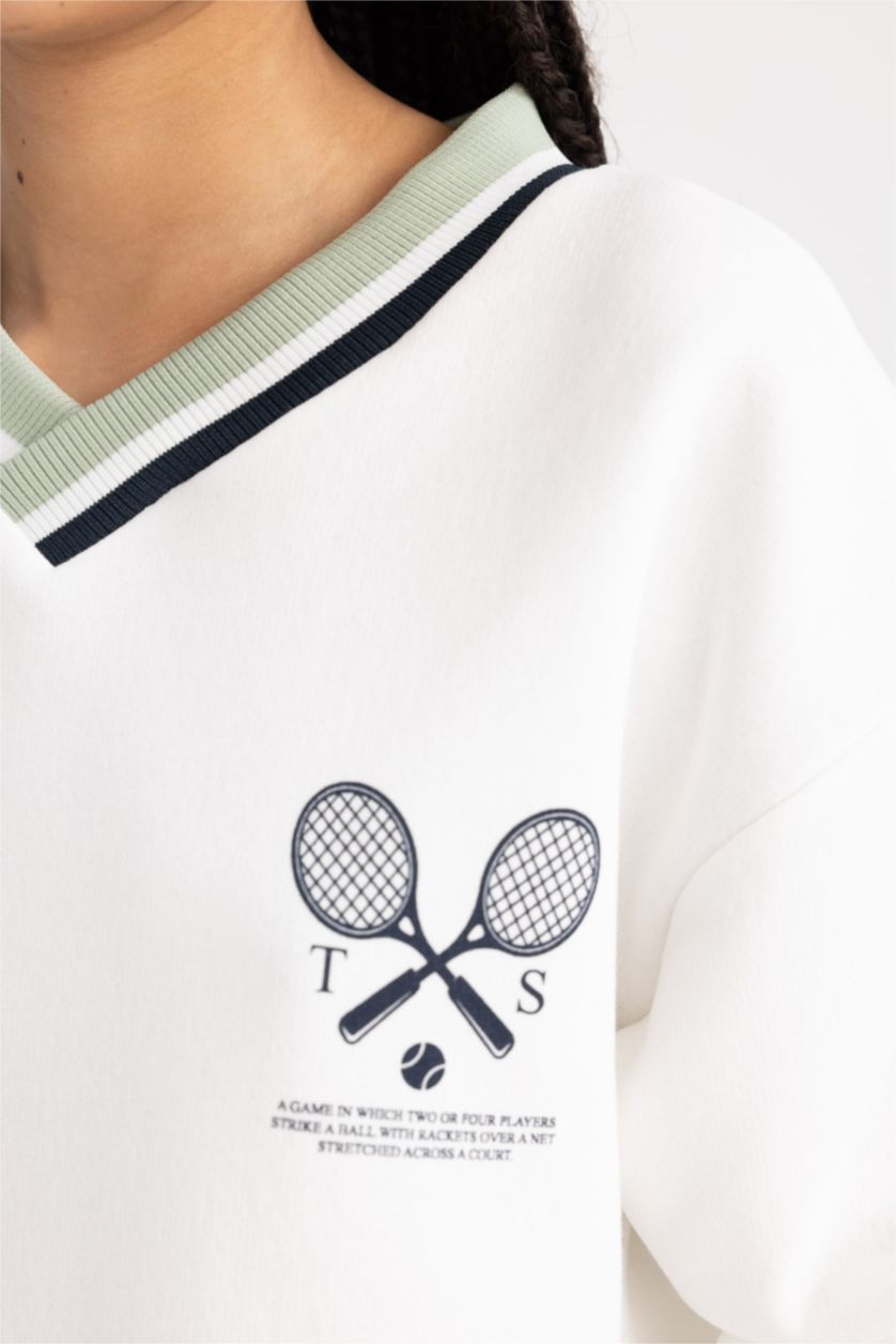 WOMAN Ecru Defacto Fit Oversize Fit V Neck Sweatshirt