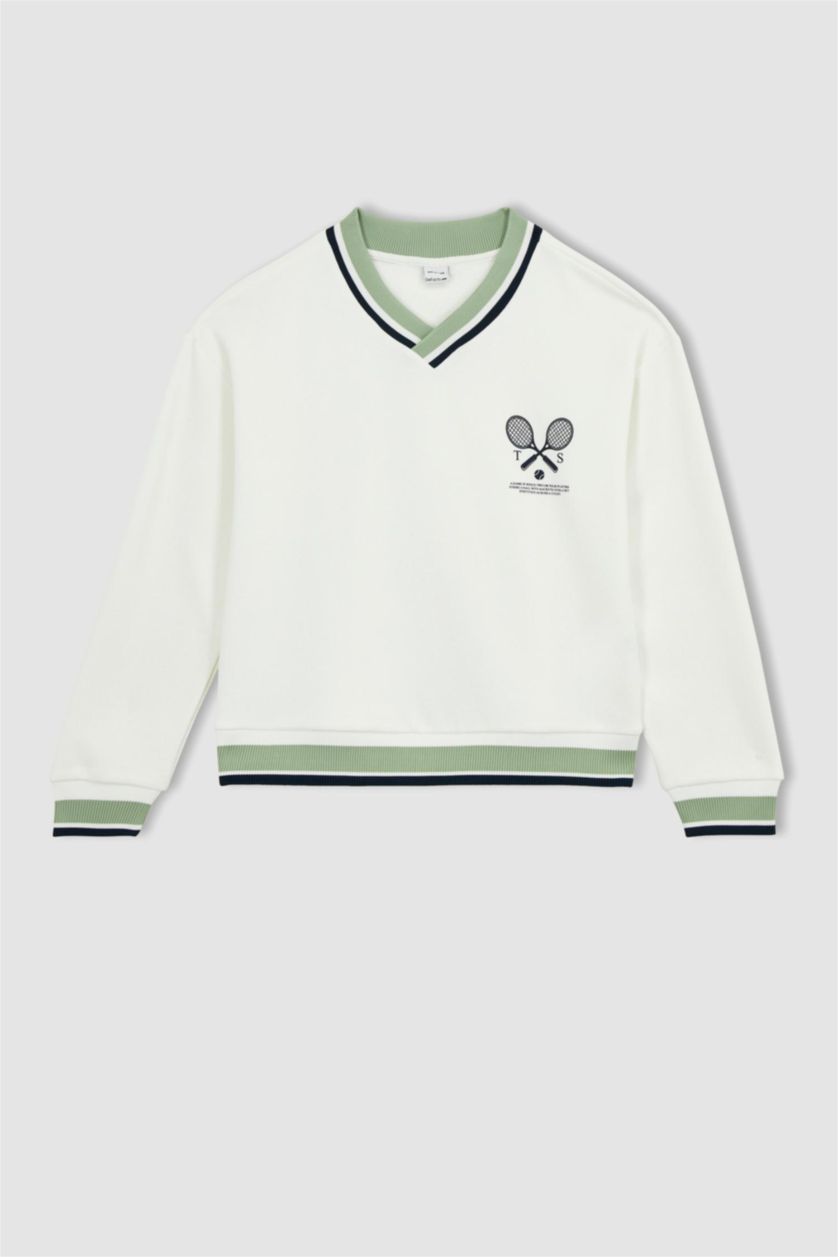 WOMAN Ecru Defacto Fit Oversize Fit V Neck Sweatshirt