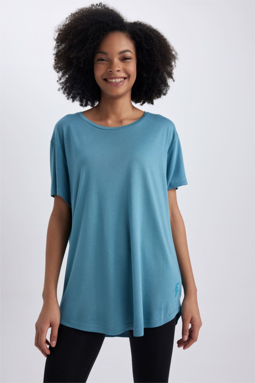 نساء أزرق تيشيرت نص كم قصة مريحة برقبة مستديرة