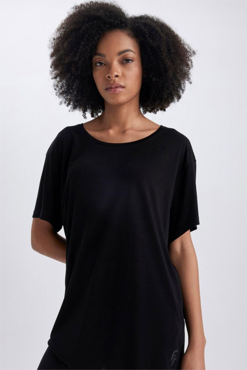 حريمي أسود تي شيرت رياضي قصة مريحة برقبة مستديرة