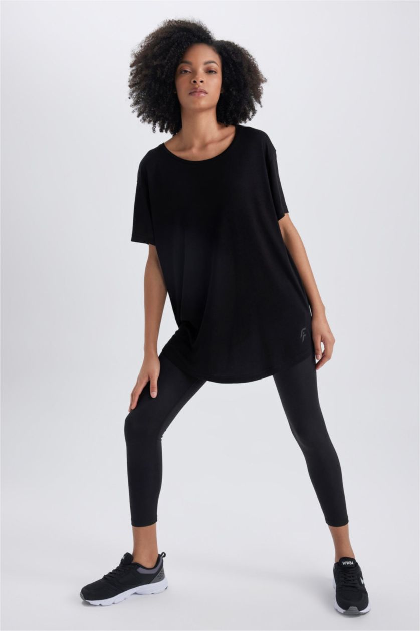 حريمي أسود تي شيرت رياضي قصة مريحة برقبة مستديرة