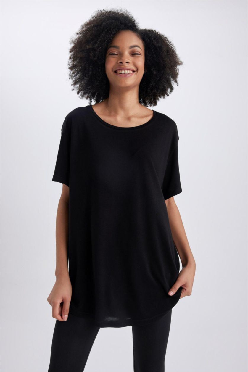 حريمي أسود تي شيرت رياضي قصة مريحة برقبة مستديرة