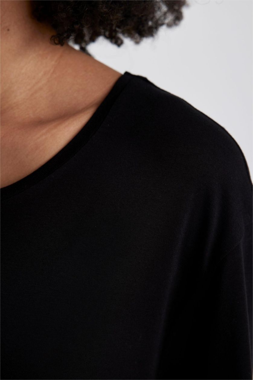 حريمي أسود تي شيرت رياضي قصة مريحة برقبة مستديرة