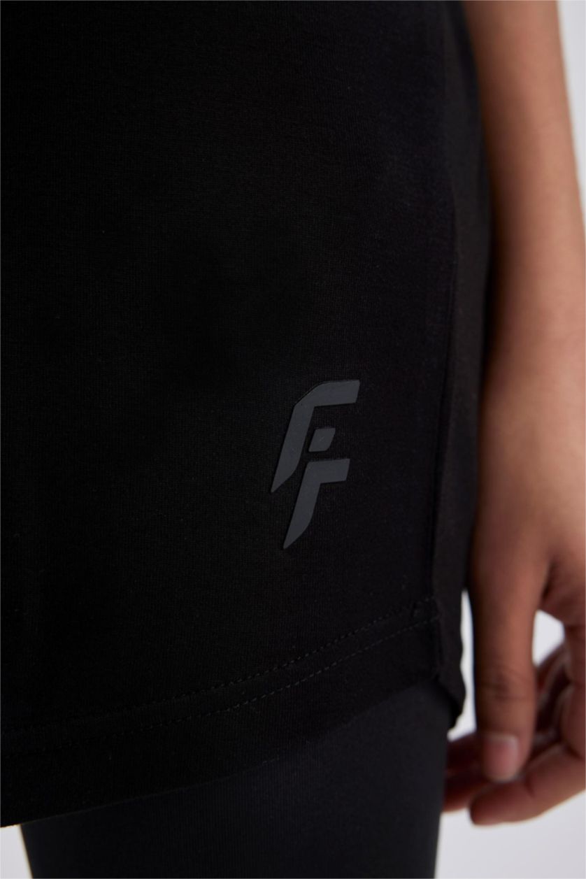 حريمي أسود تي شيرت رياضي قصة مريحة برقبة مستديرة