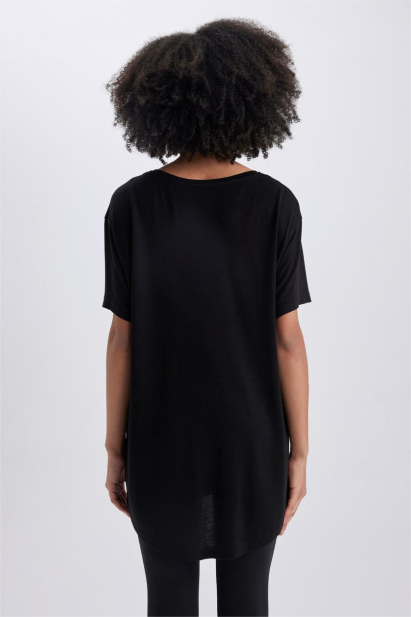 حريمي أسود تي شيرت رياضي قصة مريحة برقبة مستديرة