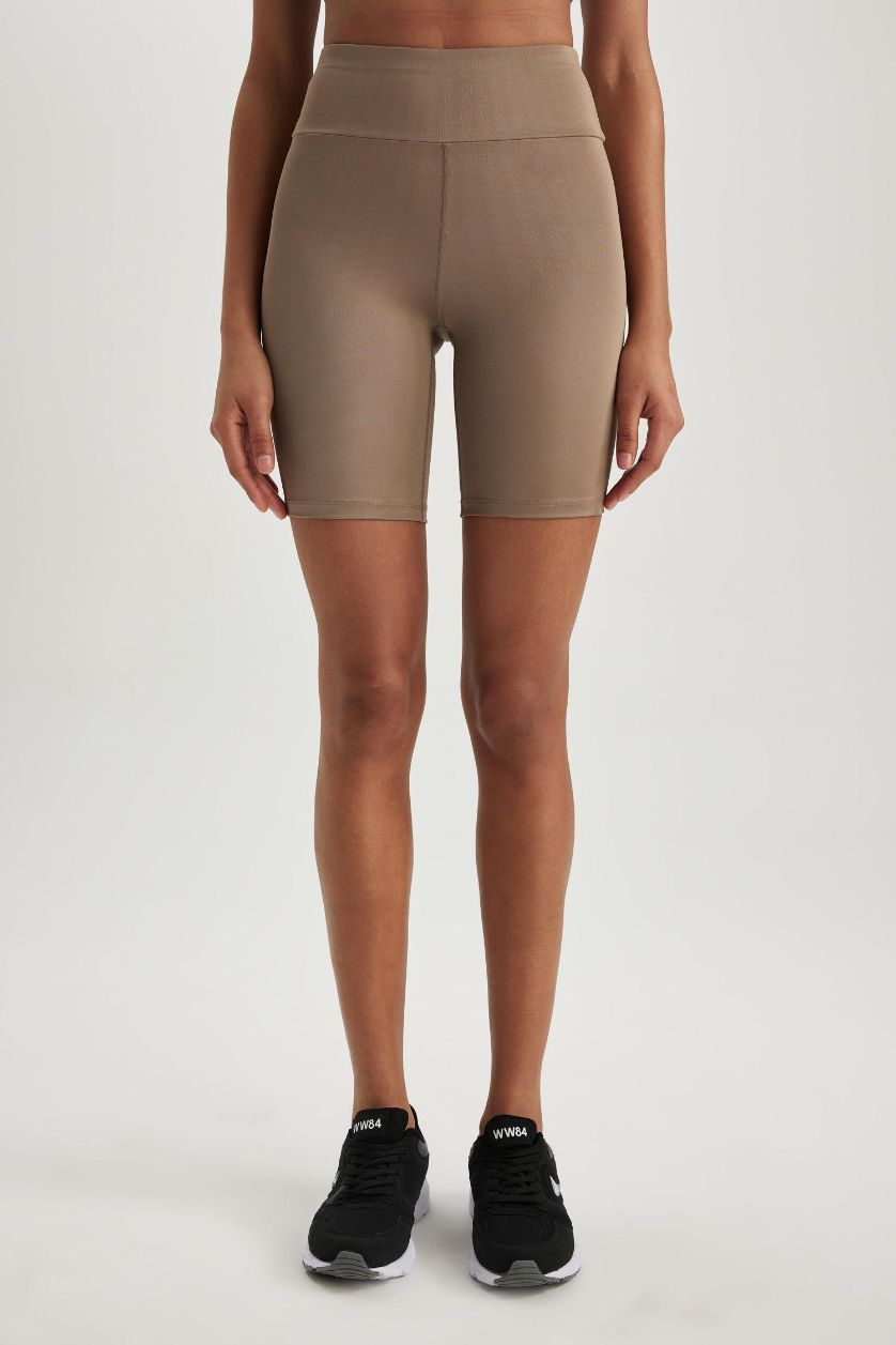 Kadın Vizon Yüksek Bel Esnek Beli Saran Biker Kısa Basic Düz Sporcu Tayt