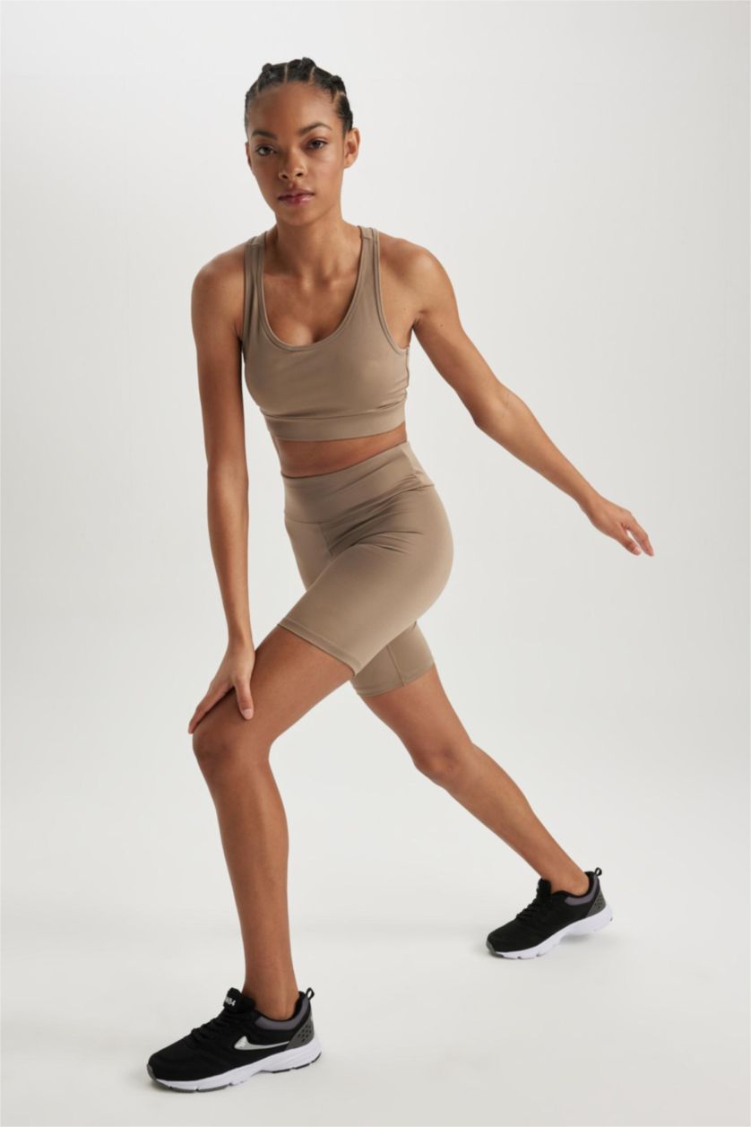 Kadın Vizon Yüksek Bel Esnek Beli Saran Biker Kısa Basic Düz Sporcu Tayt