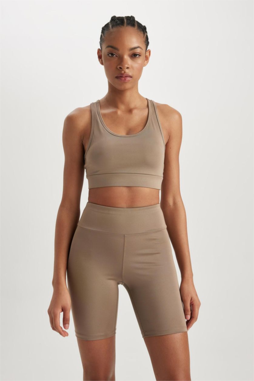 Kadın Vizon Yüksek Bel Esnek Beli Saran Biker Kısa Basic Düz Sporcu Tayt