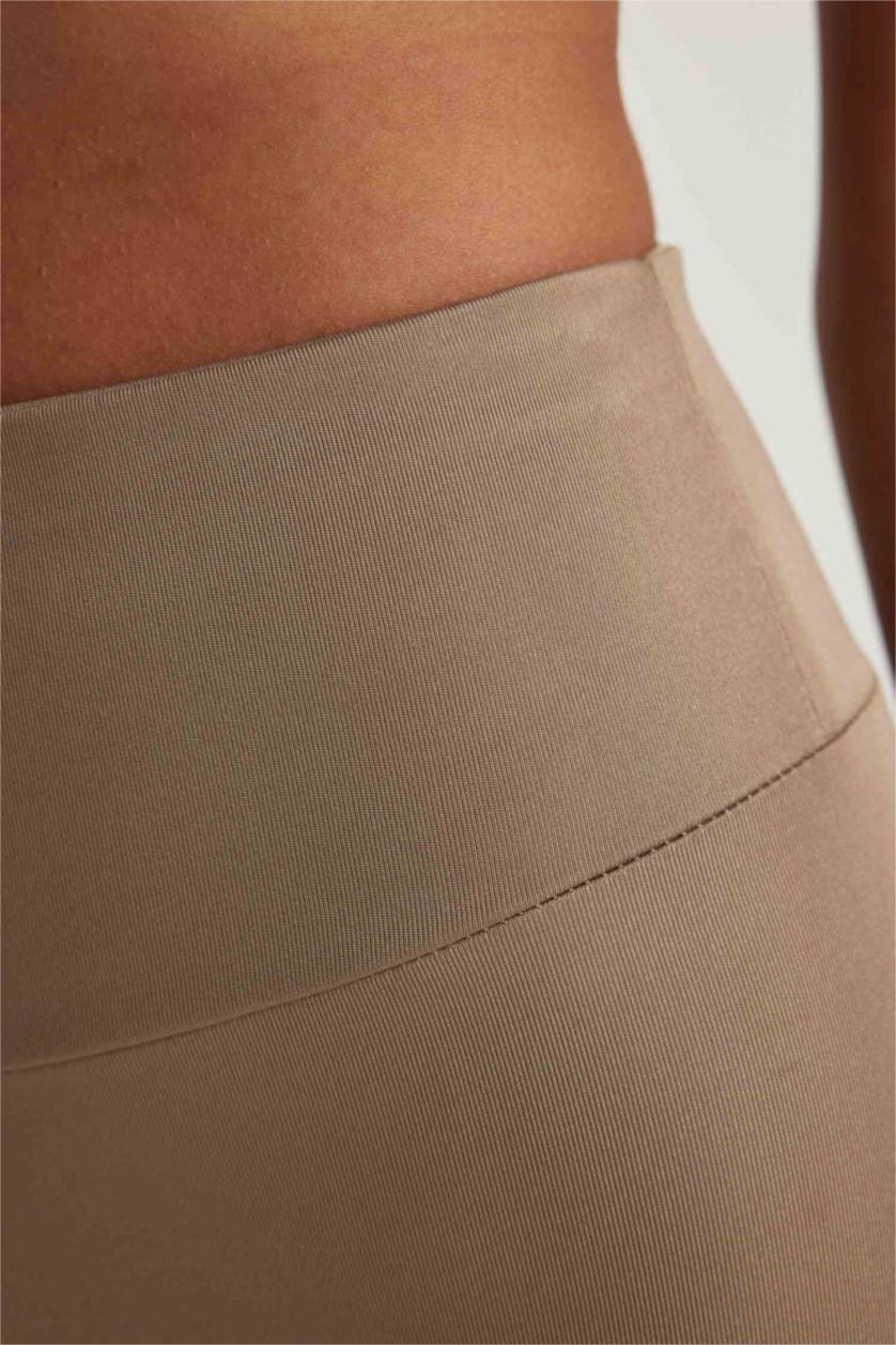 Kadın Vizon Yüksek Bel Esnek Beli Saran Biker Kısa Basic Düz Sporcu Tayt