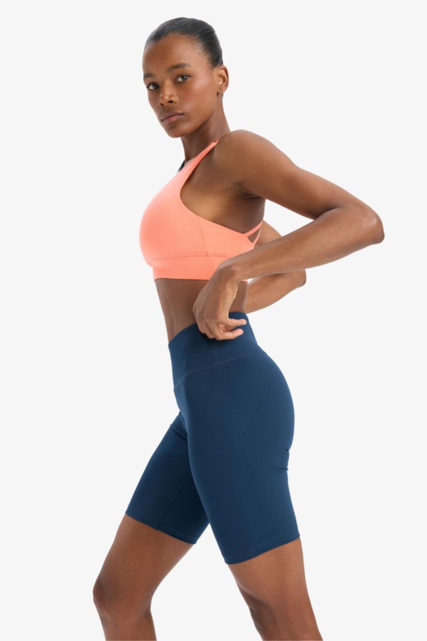 Kadın Lacivert Siyah Yüksek Bel Beli Saran Biker Esnek Kısa Basic Düz Sporcu Tayt