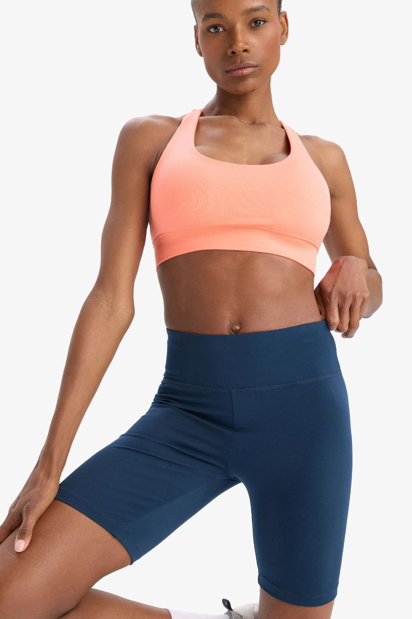 Kadın Lacivert Siyah Yüksek Bel Beli Saran Biker Esnek Kısa Basic Düz Sporcu Tayt