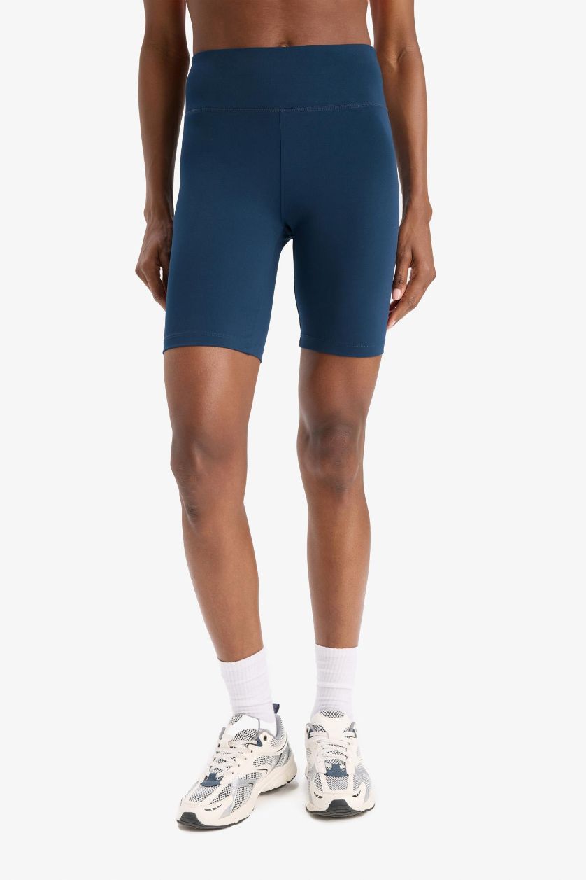 Kadın Lacivert Siyah Yüksek Bel Beli Saran Biker Esnek Kısa Basic Düz Sporcu Tayt