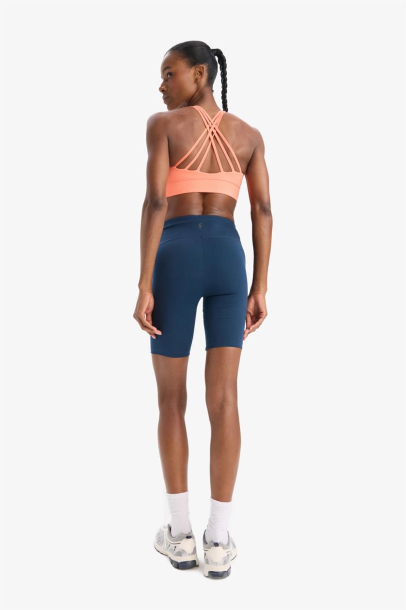 Kadın Lacivert Siyah Yüksek Bel Beli Saran Biker Esnek Kısa Basic Düz Sporcu Tayt