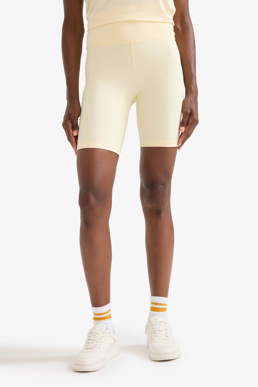 Kadın Açık Sarı Yüksek Bel Biker Esnek Kısa Basic Düz Sporcu Tayt