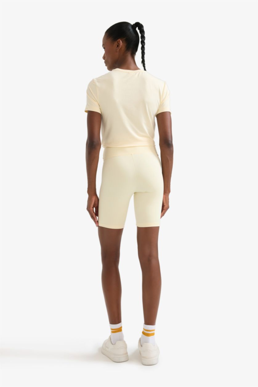 Kadın Açık Sarı Yüksek Bel Biker Esnek Kısa Basic Düz Sporcu Tayt