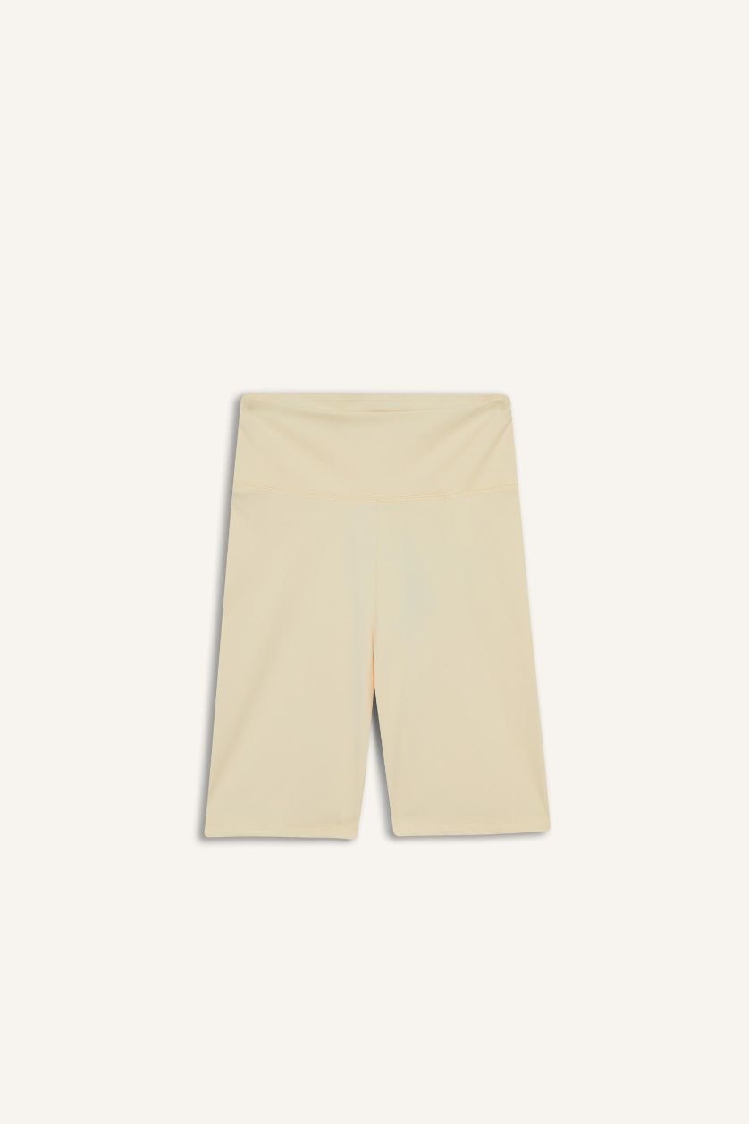 Kadın Açık Sarı Yüksek Bel Biker Esnek Kısa Basic Düz Sporcu Tayt