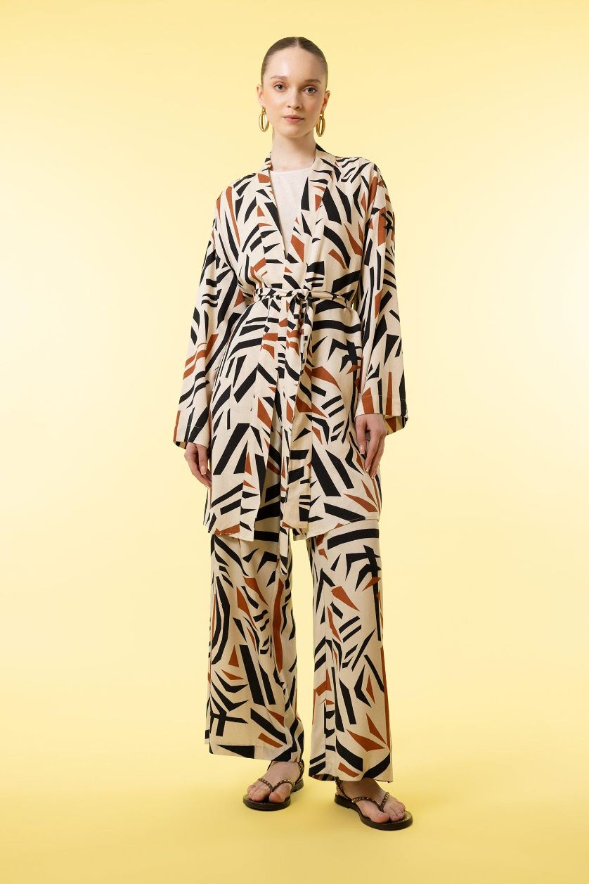 نساء اللون الرملي تونيك كم طويل قصة عادية مطبوع ممزوج بالكتان