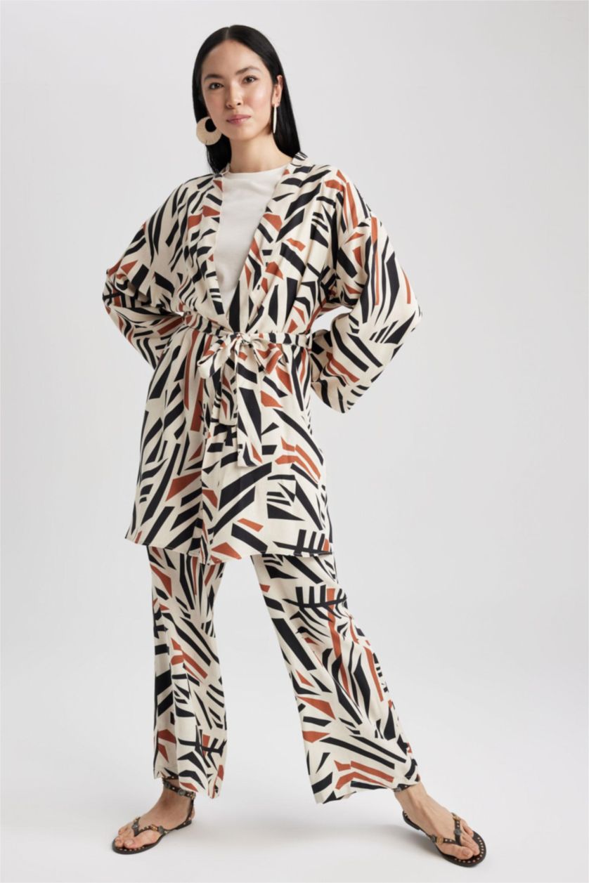 نساء اللون الرملي تونيك كم طويل قصة عادية مطبوع ممزوج بالكتان