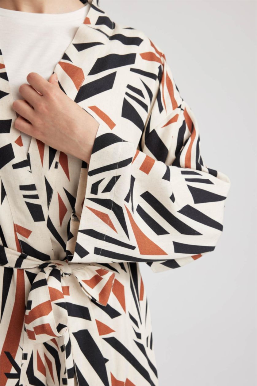 نساء اللون الرملي تونيك كم طويل قصة عادية مطبوع ممزوج بالكتان