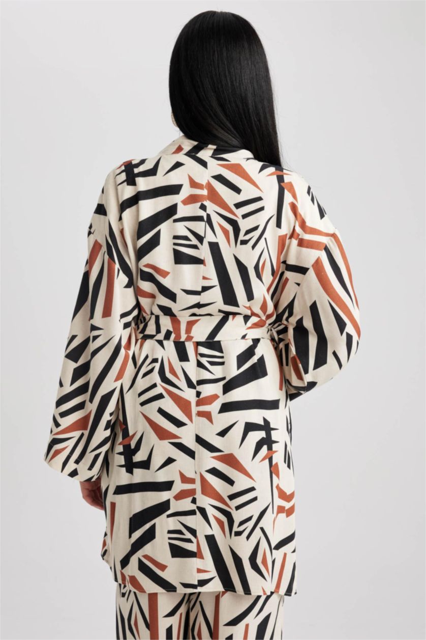 نساء اللون الرملي تونيك كم طويل قصة عادية مطبوع ممزوج بالكتان