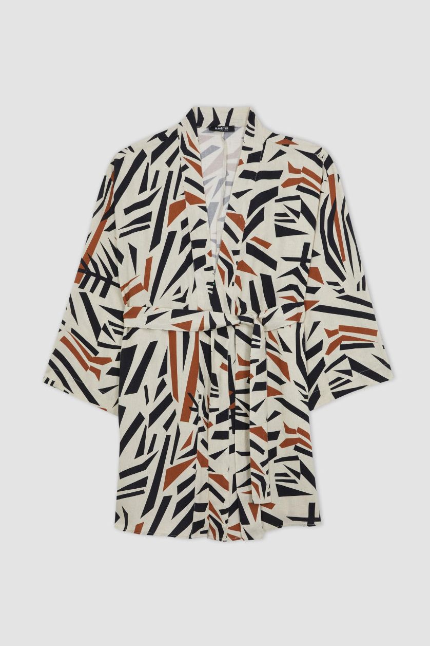 نساء اللون الرملي تونيك كم طويل قصة عادية مطبوع ممزوج بالكتان