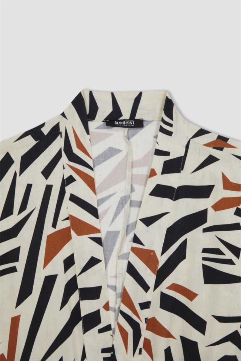 نساء اللون الرملي تونيك كم طويل قصة عادية مطبوع ممزوج بالكتان