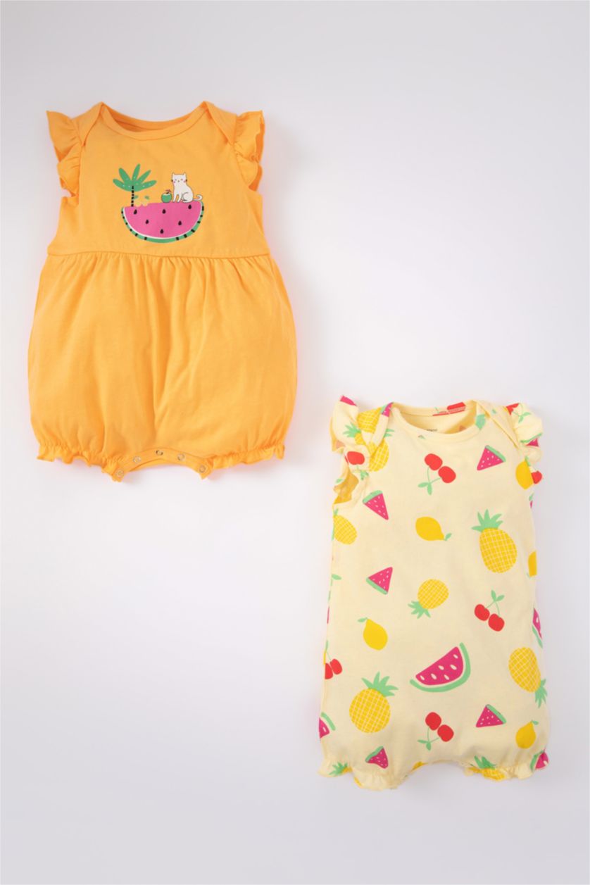 طفلة صغيرة أصفر فاتح جمبسوت بناتي بنقشة الفاكهة ممشط - قطعتين