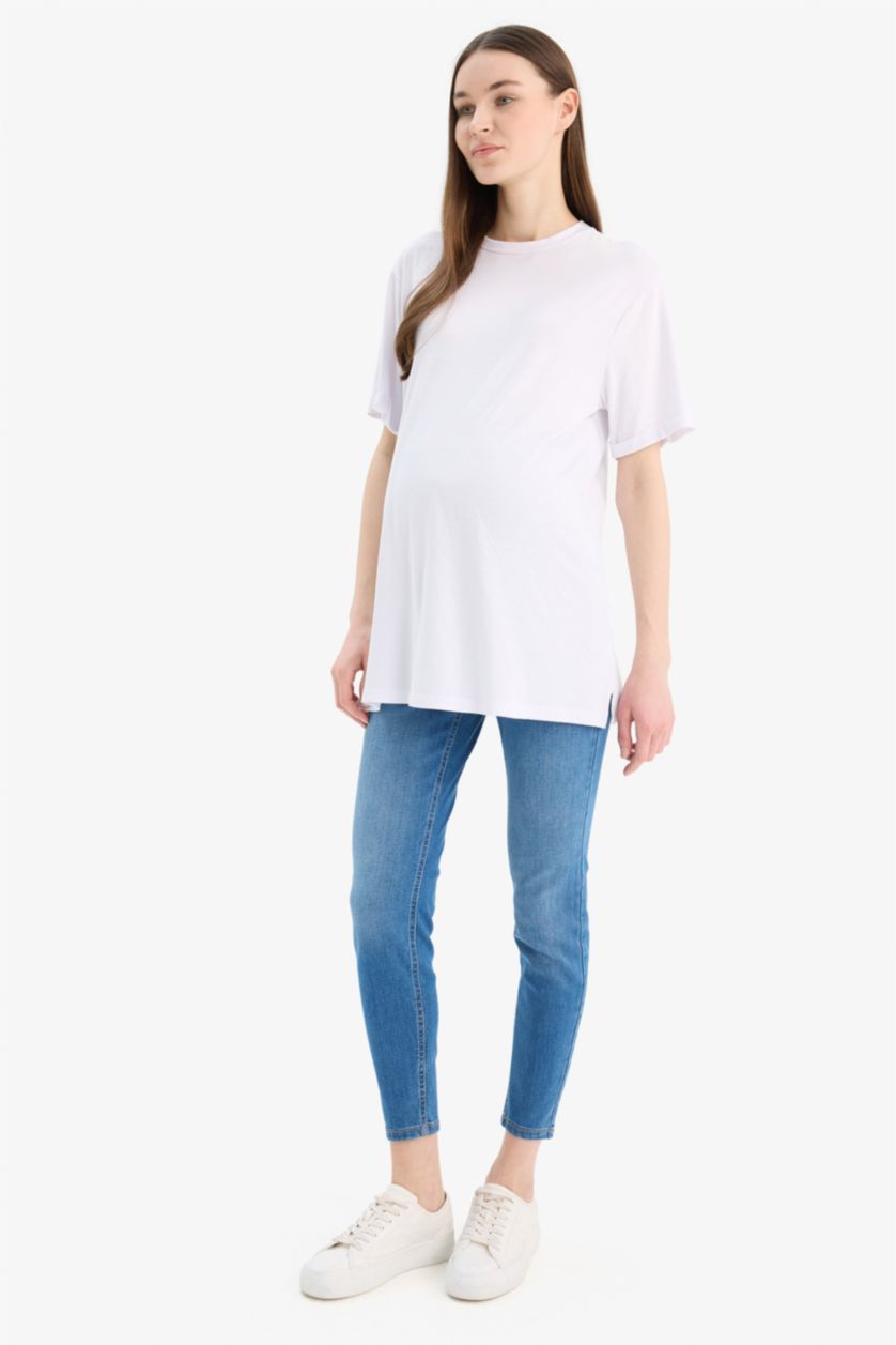 Kadın Açık Mavi Skınny Fıt Yüksek Bel Düz Paça Standart Boy Hamile Pantolon