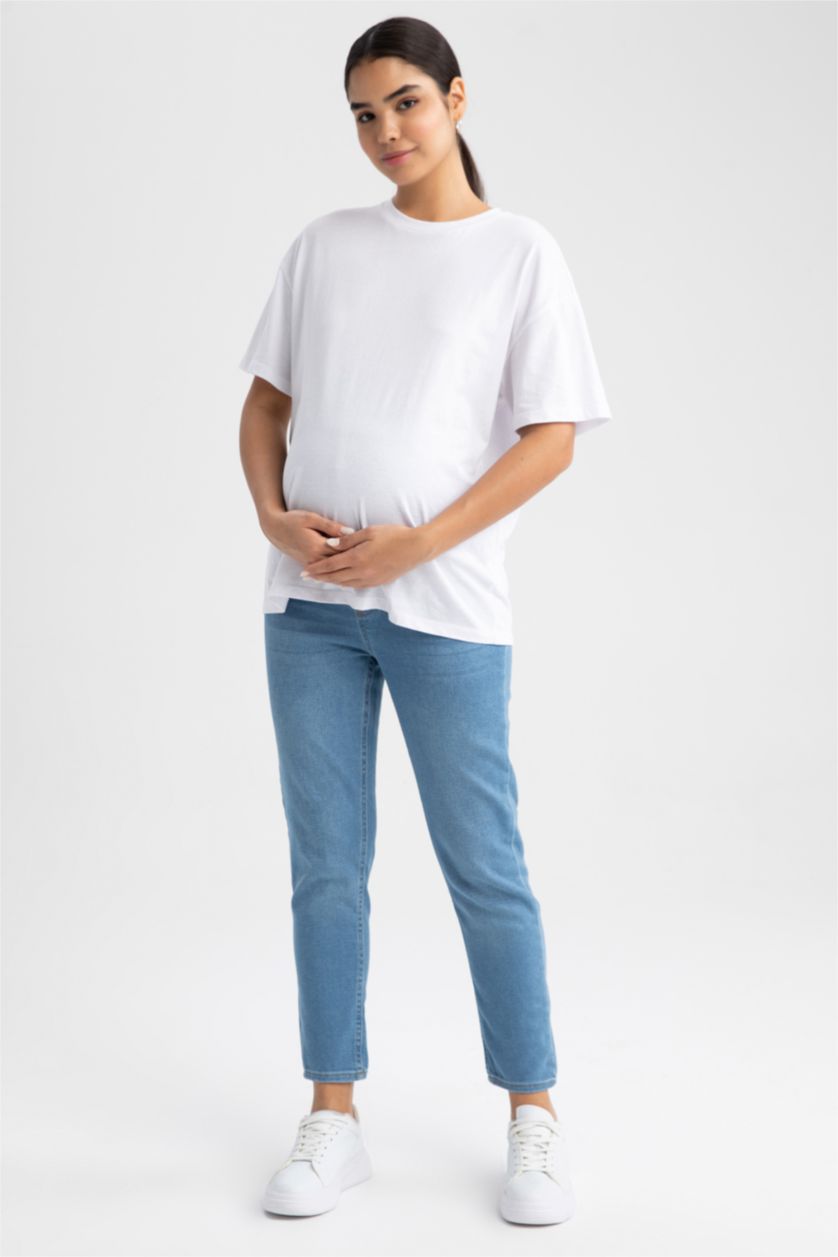 Kadın İndigo Boyfrıend Yüksek Bel Standart Paça Uzun Hamile Pantolon