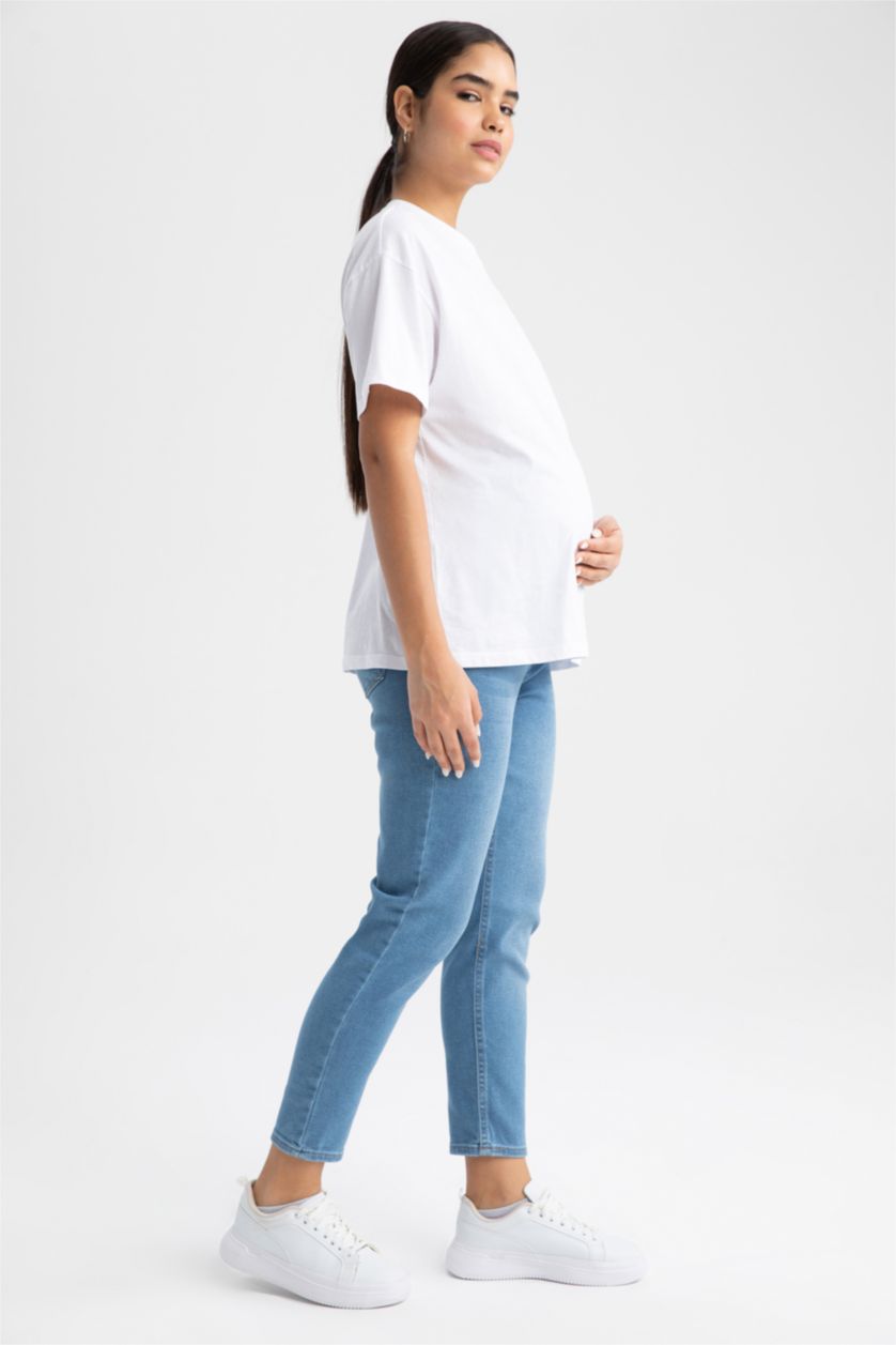 Kadın İndigo Boyfrıend Yüksek Bel Standart Paça Uzun Hamile Pantolon