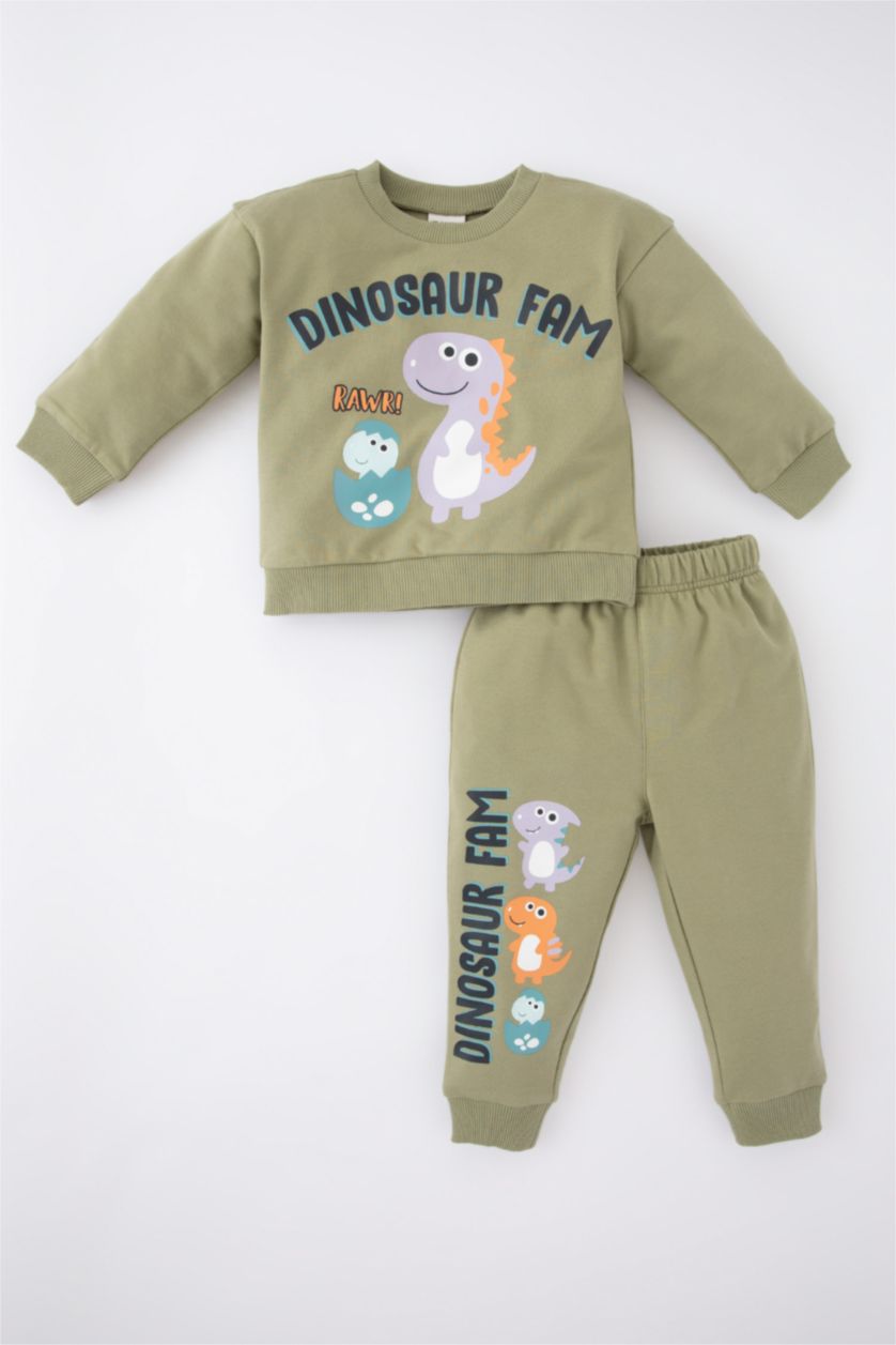 Erkek Bebek Açık Haki Dinozor Baskılı İnce Sweatshirt Kumaşı 2'li Takım Erkek Bebek