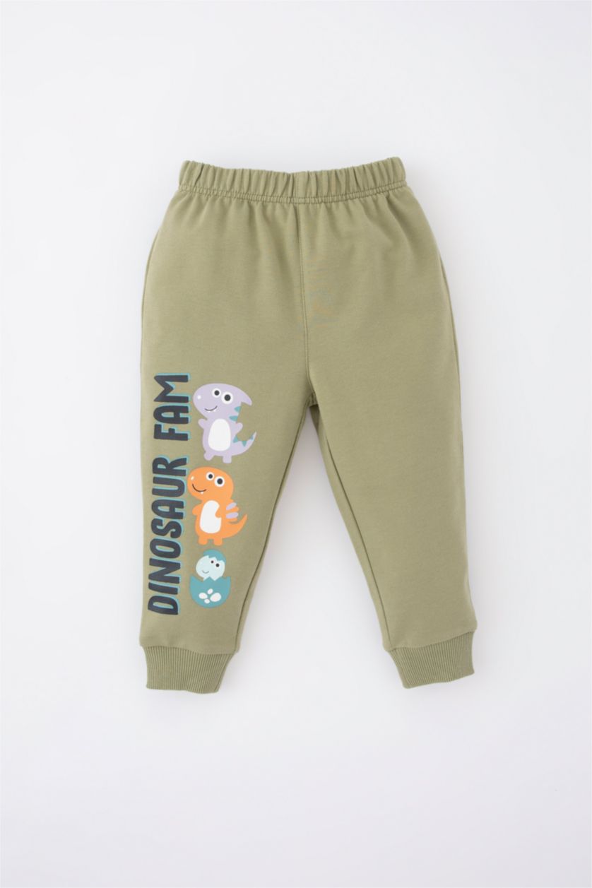 Erkek Bebek Açık Haki Dinozor Baskılı İnce Sweatshirt Kumaşı 2'li Takım Erkek Bebek