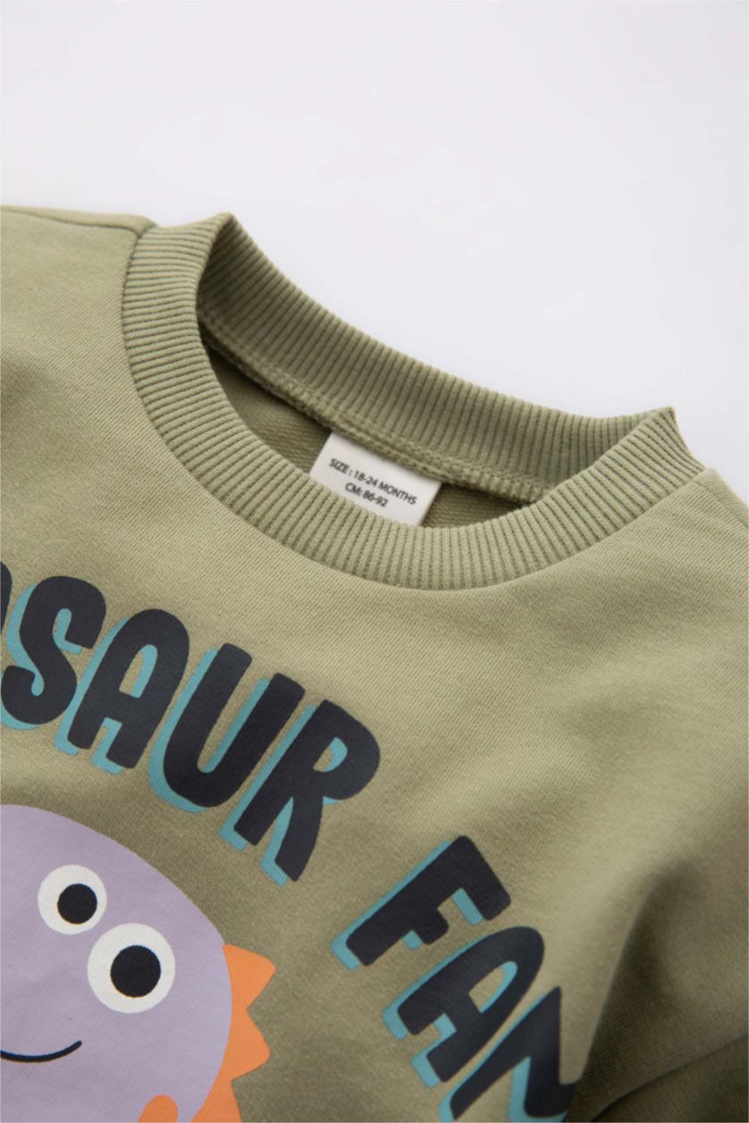 Erkek Bebek Açık Haki Dinozor Baskılı İnce Sweatshirt Kumaşı 2'li Takım Erkek Bebek