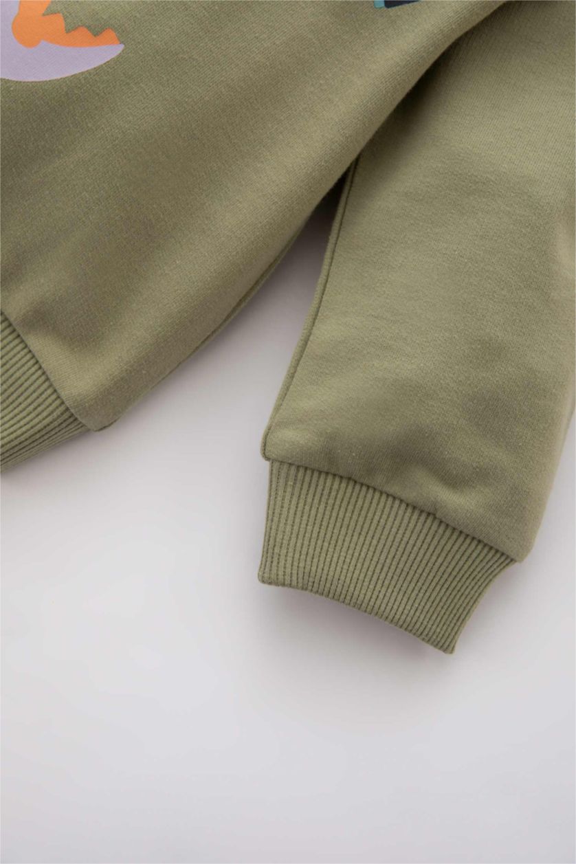 Erkek Bebek Açık Haki Dinozor Baskılı İnce Sweatshirt Kumaşı 2'li Takım Erkek Bebek