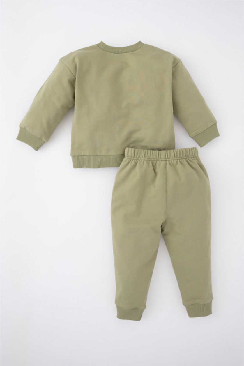 Erkek Bebek Açık Haki Dinozor Baskılı İnce Sweatshirt Kumaşı 2'li Takım Erkek Bebek