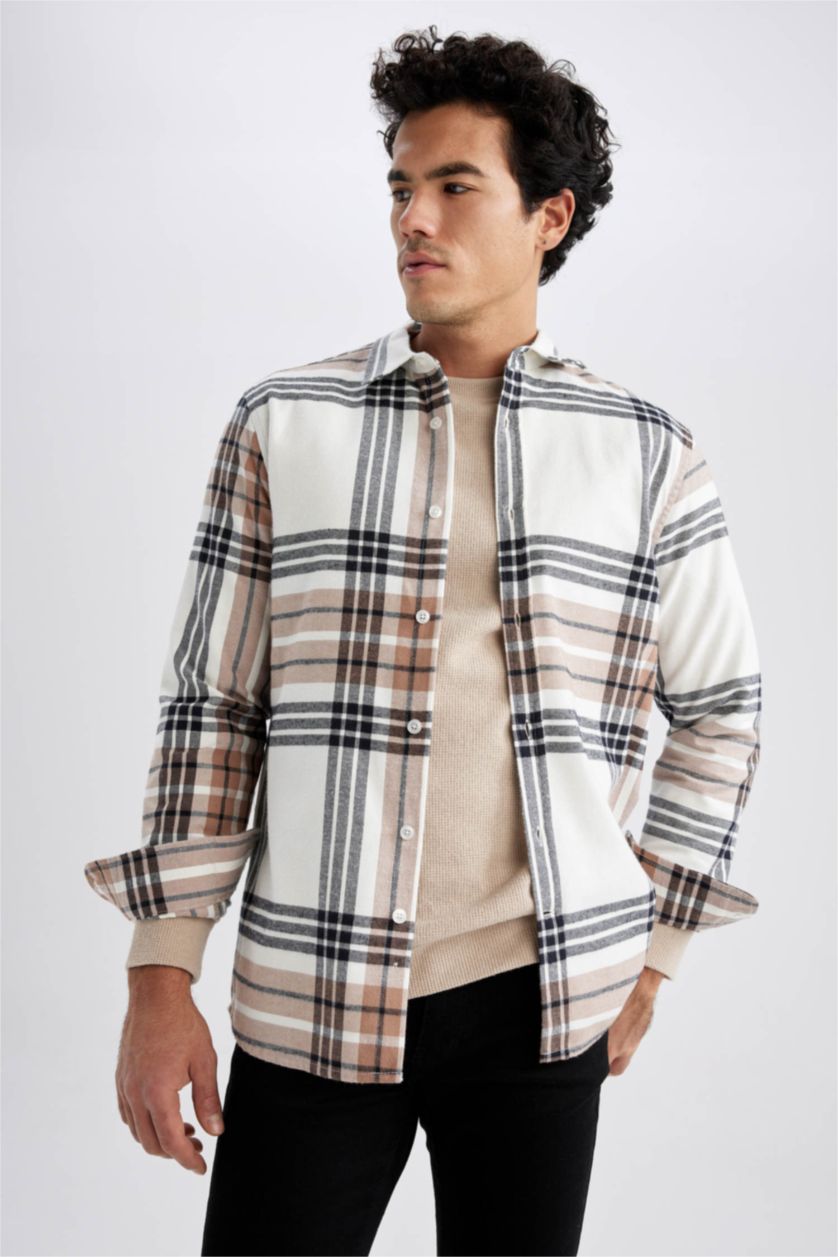 MAN Sand Regular Fit Polo Collar Flanel Plaid Long Sleeve Shirt
