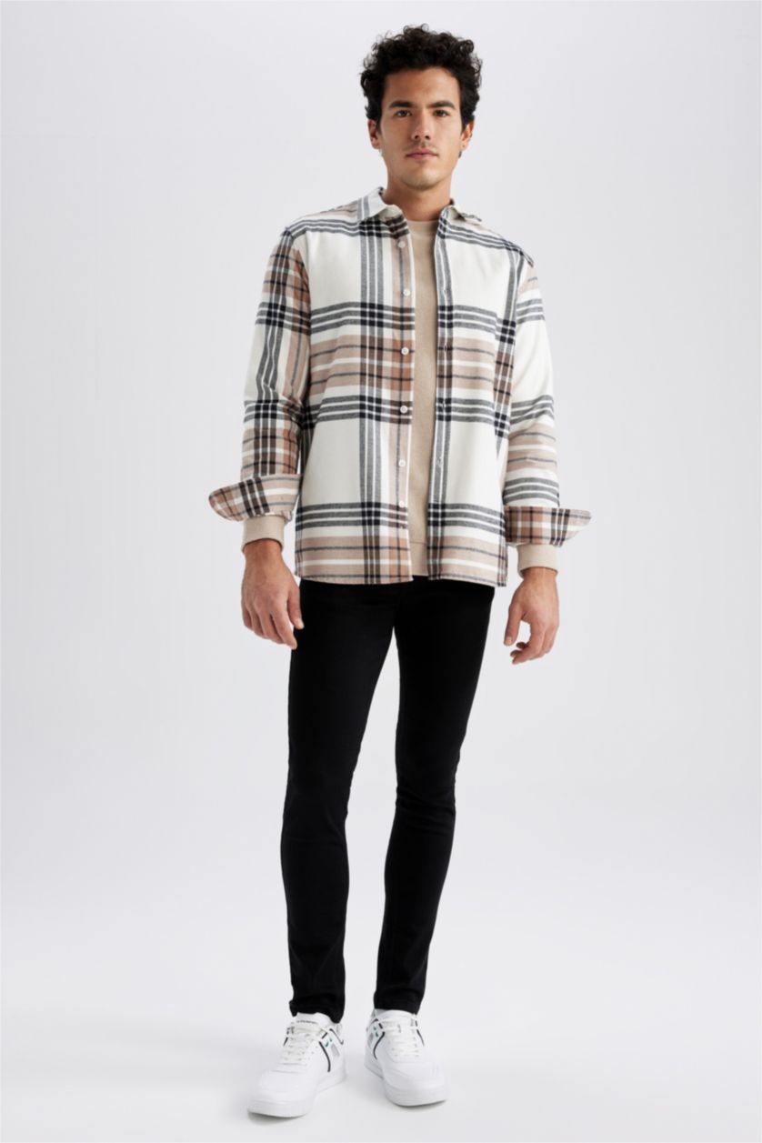 MAN Sand Regular Fit Polo Collar Flanel Plaid Long Sleeve Shirt